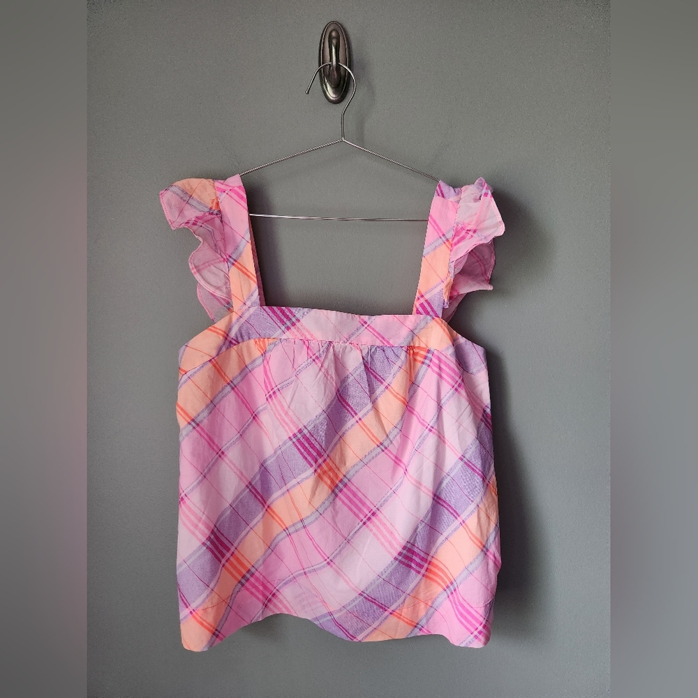 Lilly Pulitzer Reyna Top Pink Isle Madras Plaid Ruffle Sleeve Size Medium
